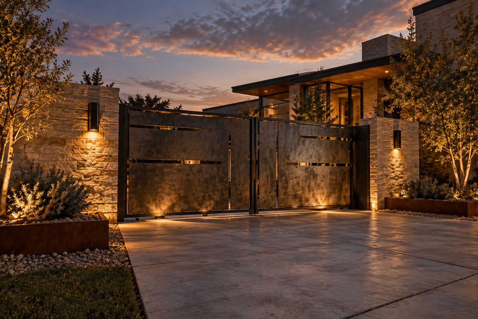 Modern residence at dusk with a custom metal gate